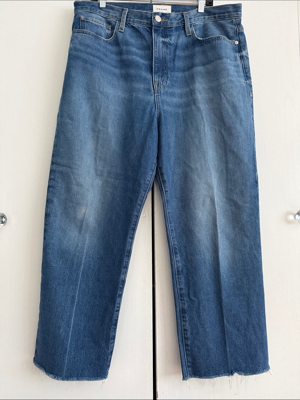 Frame Le Jane Crop High-Rise Raw Fray Hem Straight Leg Denim Jeans Cotton Sz 32 - Picture 3 of 15